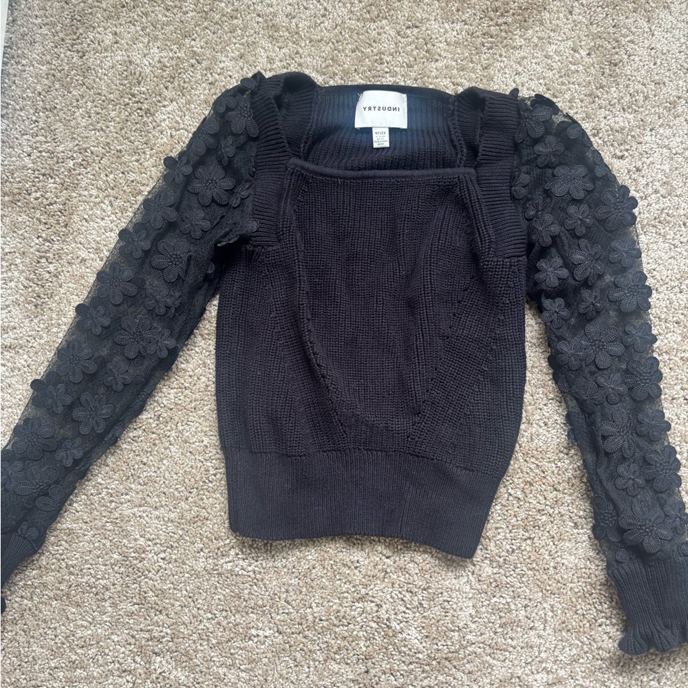 INDUSTRY Women’s Black Sweater with Textured Floral Sleeves